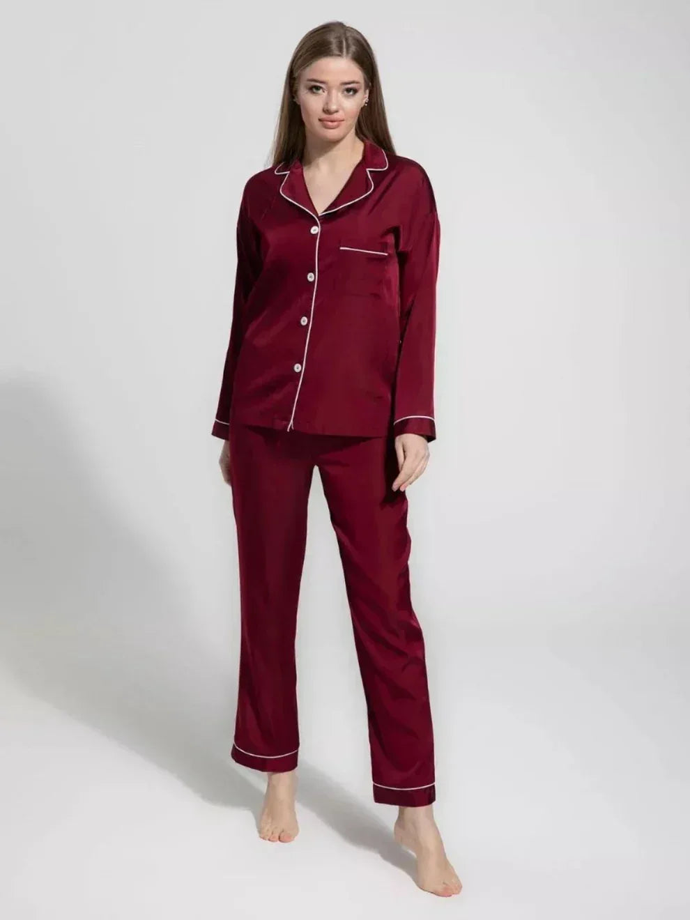 2 Piece Shirt Trouser Silk Night Suit - MEHROON