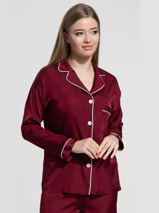 2 Piece Shirt Trouser Silk Night Suit - MEHROON